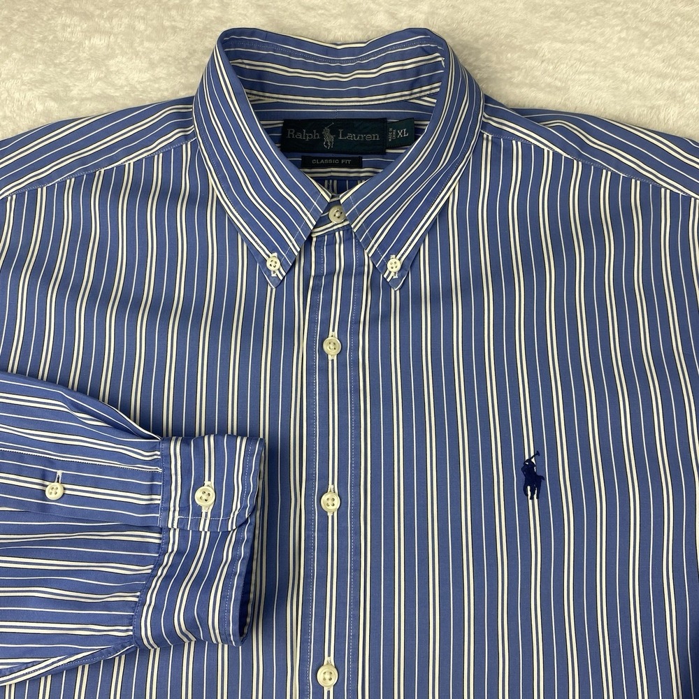 Ralph Lauren Shirt Mens XL Blue w/White Stripes Classic Fit Long Sleeves
